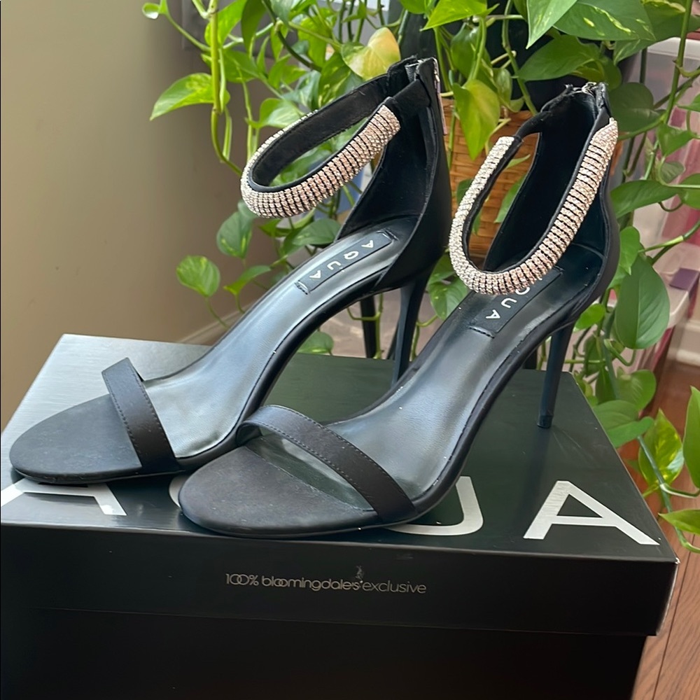 Black Stiletto Heels with Rhinestone Ankle Straps